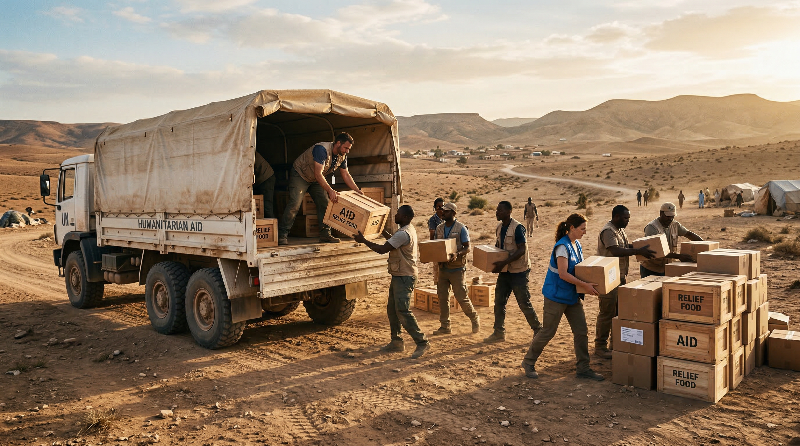 Humanitarian aid workers unloading relief supplies from a truck in an arid landscape